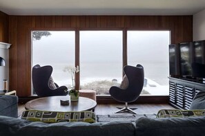 TV, fireplace - Sandy Beachfront House on Grand Traverse Bay (Traverse City)