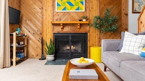 A cozy living room with a fireplace, wooden walls, a television, and a sofa. - Camp Birch: Waterfront Home on Lake Leelanau (Lake Leelanau)