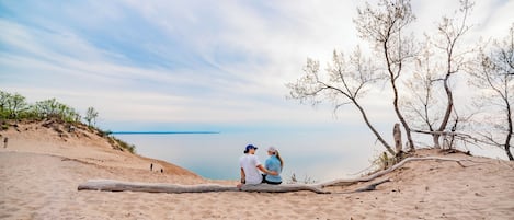 Un couple est assis sur une bûche, sur une plage de sable, avec une étendue d’eau calme et une végétation clairsemée en arrière-plan.
