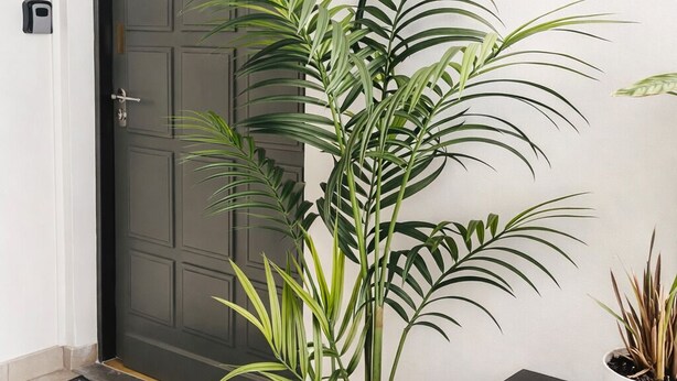A dark grey door with a textured panel design, a potted plant with long, slender leaves in a woven basket, and a small table with a white pot on top. - RARE Paris XV- ideal location 🏠 House with large courtyard (Paris)