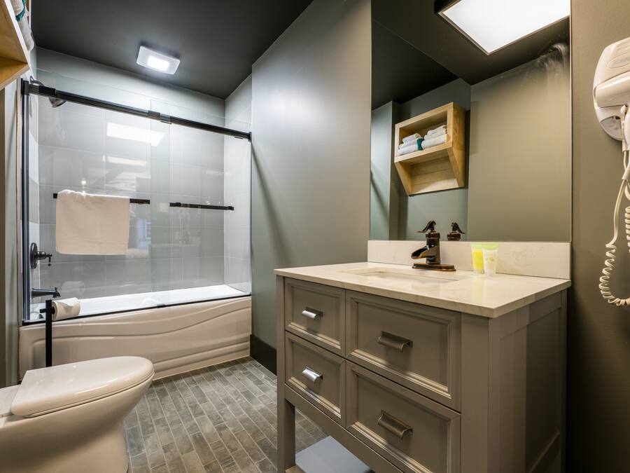 Une salle de bain équipée de toilettes, d’une douche, d’un meuble-lavabo avec miroir et d’un sèche-cheveux fixé au mur.