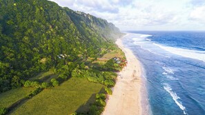 A coastal landscape with a beach, ocean, and dense forest. - Villa Mir Batu Uluwatu (Uluwatu)