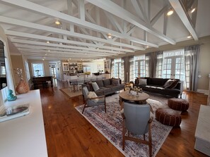 TV, fireplace, books, stereo