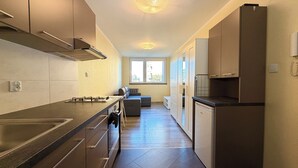 A modern kitchen with stainless steel appliances, a built-in oven, and a large window providing natural light. - Kamienna Urban Comfort Studio (Wrocław)