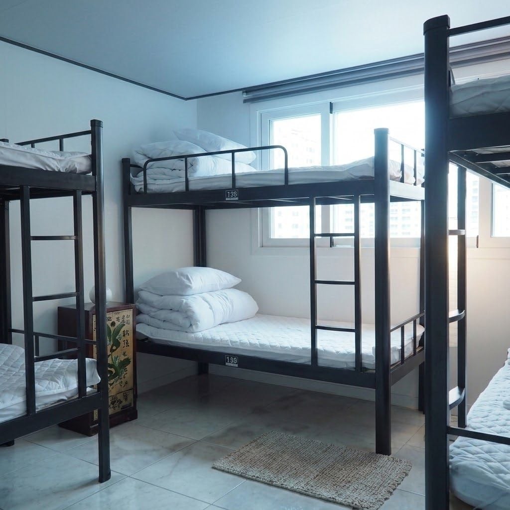 A dormitory room with bunk beds, a window, and a small rug on the floor.