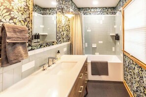 Shower, hair dryer, shampoo