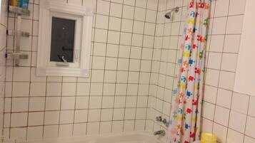 Hair dryer, towels, soap, shampoo