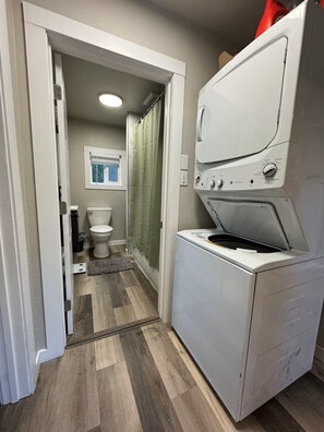 Shower, jetted tub, hair dryer, bidet
