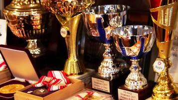 Exposição de troféus e medalhas, incluindo um troféu dourado grande e várias de prata, com etiquetas indicando que são do FIS-RACE Snowboard 2017 Pielders 2 e 3 lugar.