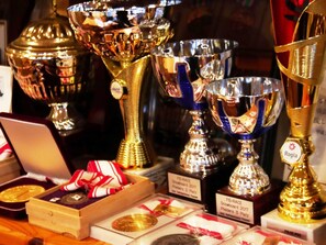 A display of trophies and medals, including a large gold trophy and several silver ones, with labels indicating they are from the FIS-RACE Snowboard 2017 Pielders 2 and 3 Platz. - Guesthouse Curry Village (Kiryu)