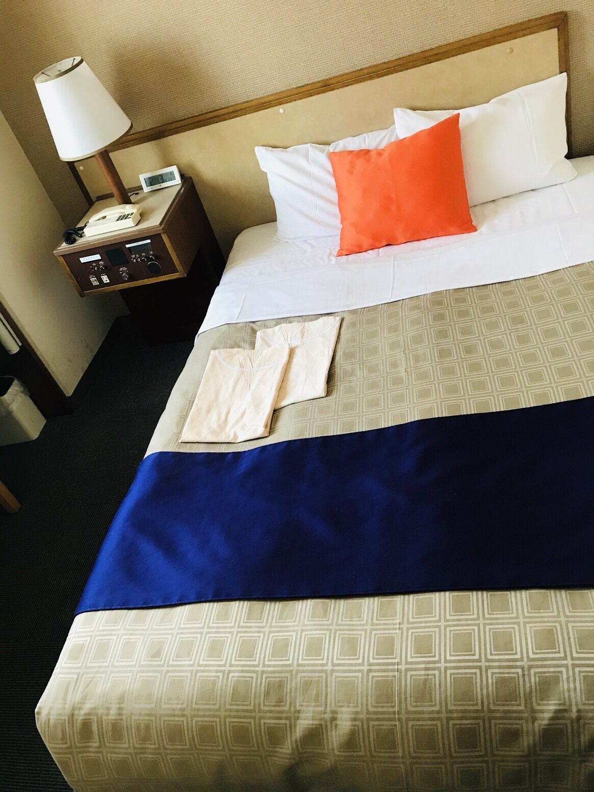 A hotel room with a bed, a nightstand with a lamp, and a telephone.