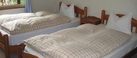 Two single beds with wooden frames and white bedding, a small bedside table, and a window with a view of greenery.
