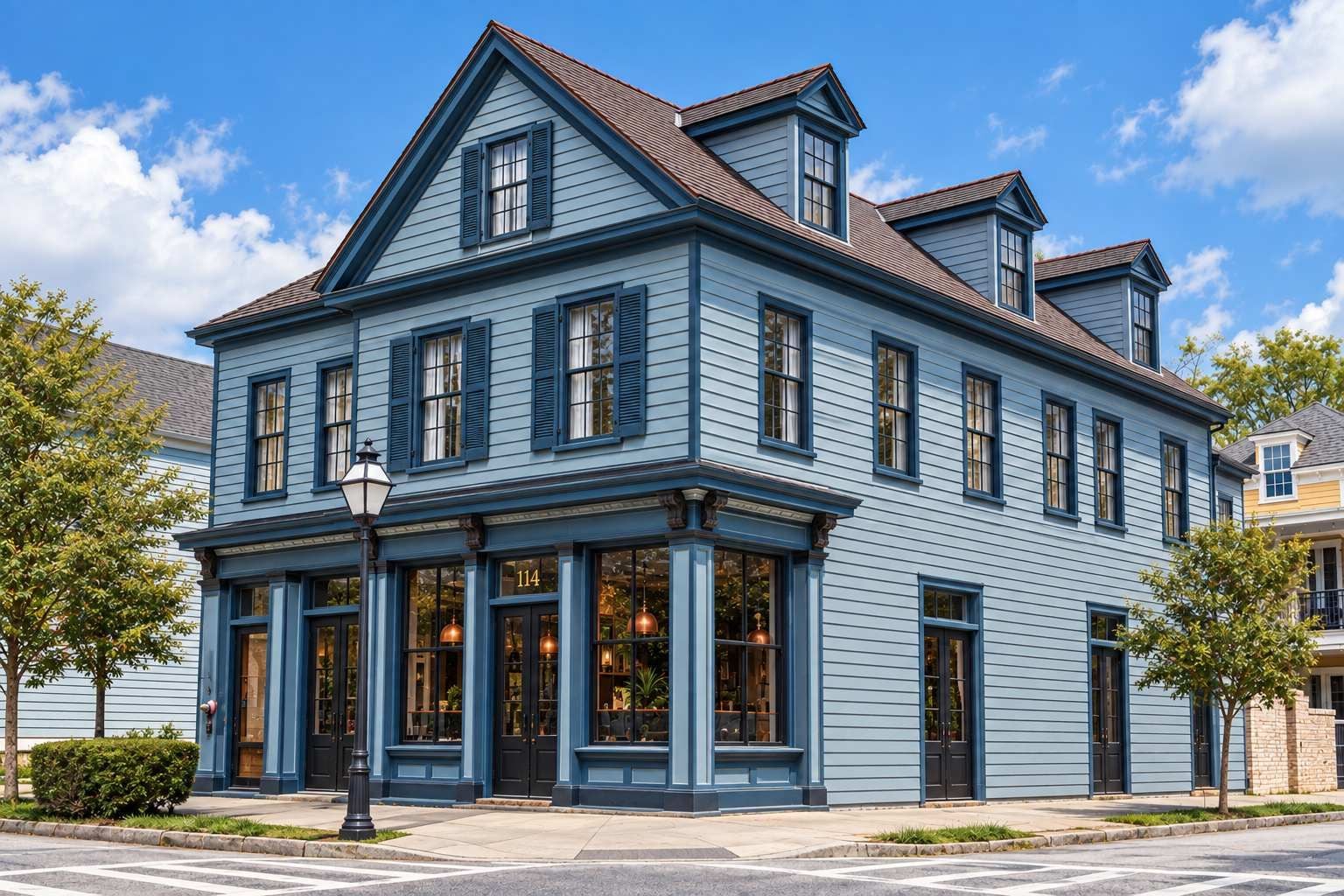 A two-story building with a bay window, large windows, and a corner entrance.