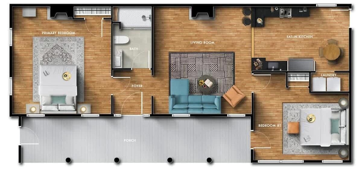 A hotel layout with a primary bedroom, living room, eat-in kitchen, laundry, and a secondary bedroom.
