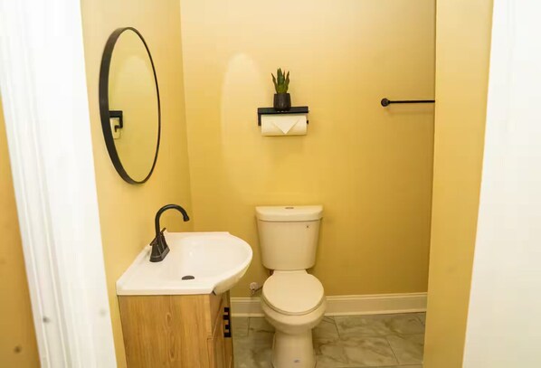 A bathroom with a white sink, a toilet, and a mirror. There is a small shelf with a plant above the toilet. - 4BR Historic Savannah w/ Parking & Patio (Savannah)
