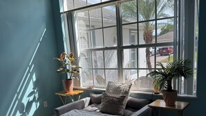 Un salon avec un canapé gris, un tapis rond et deux plantes en pot.