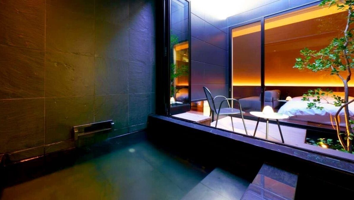 A modern interior with a seating area, a small pool, and a view of the outdoors.