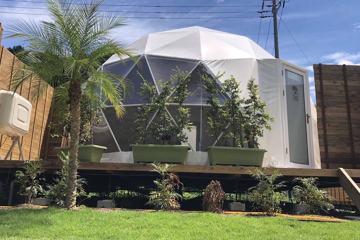 A large white tent-like structure with a transparent roof, surrounded by potted plants and a wooden fence.