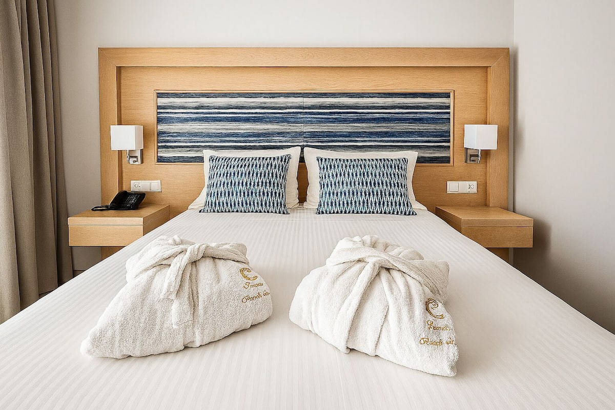 A hotel room with a large bed, two bedside lamps, a nightstand with a phone, and two towels with embroidered text.