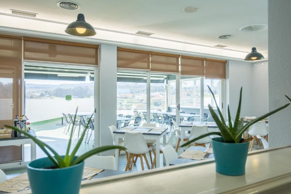 A bright room with large windows, white furniture, and potted plants.