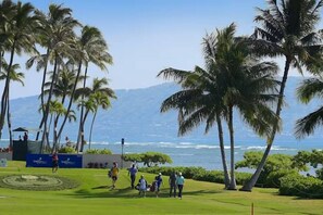 Ein Golfplatz mit Blick auf den Ozean und Palmen.
