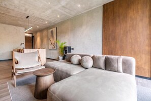 Departamento Deluxe, balcón | Área de sala de estar | Televisión