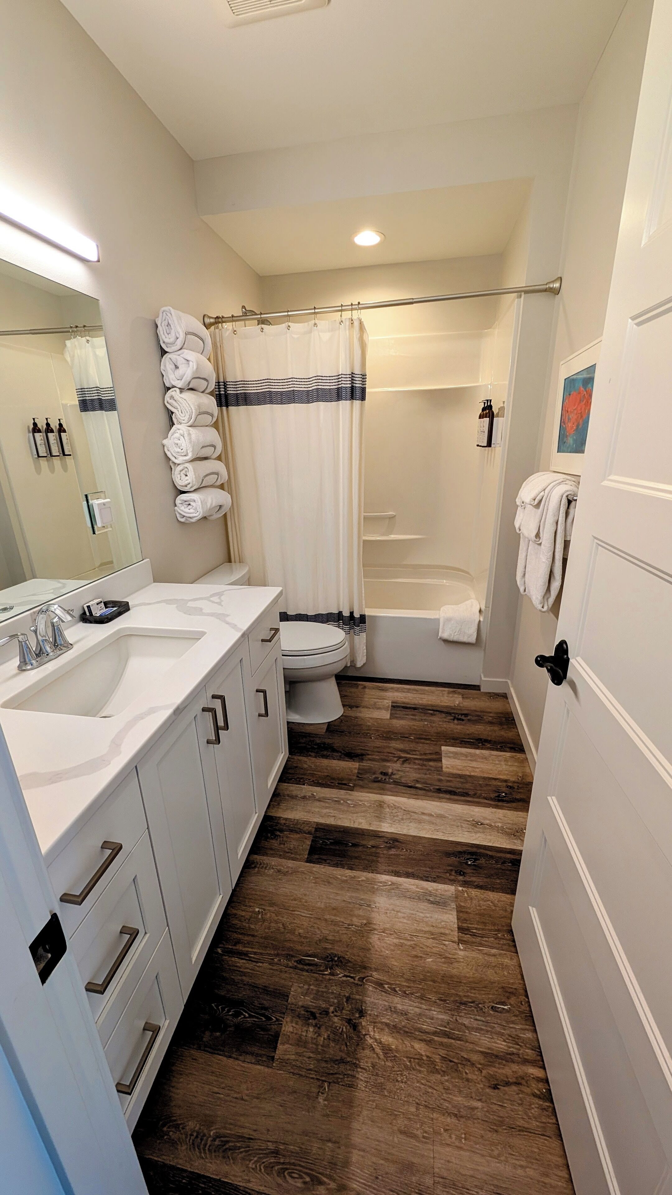 Hair dryer, towels, soap, toilet paper