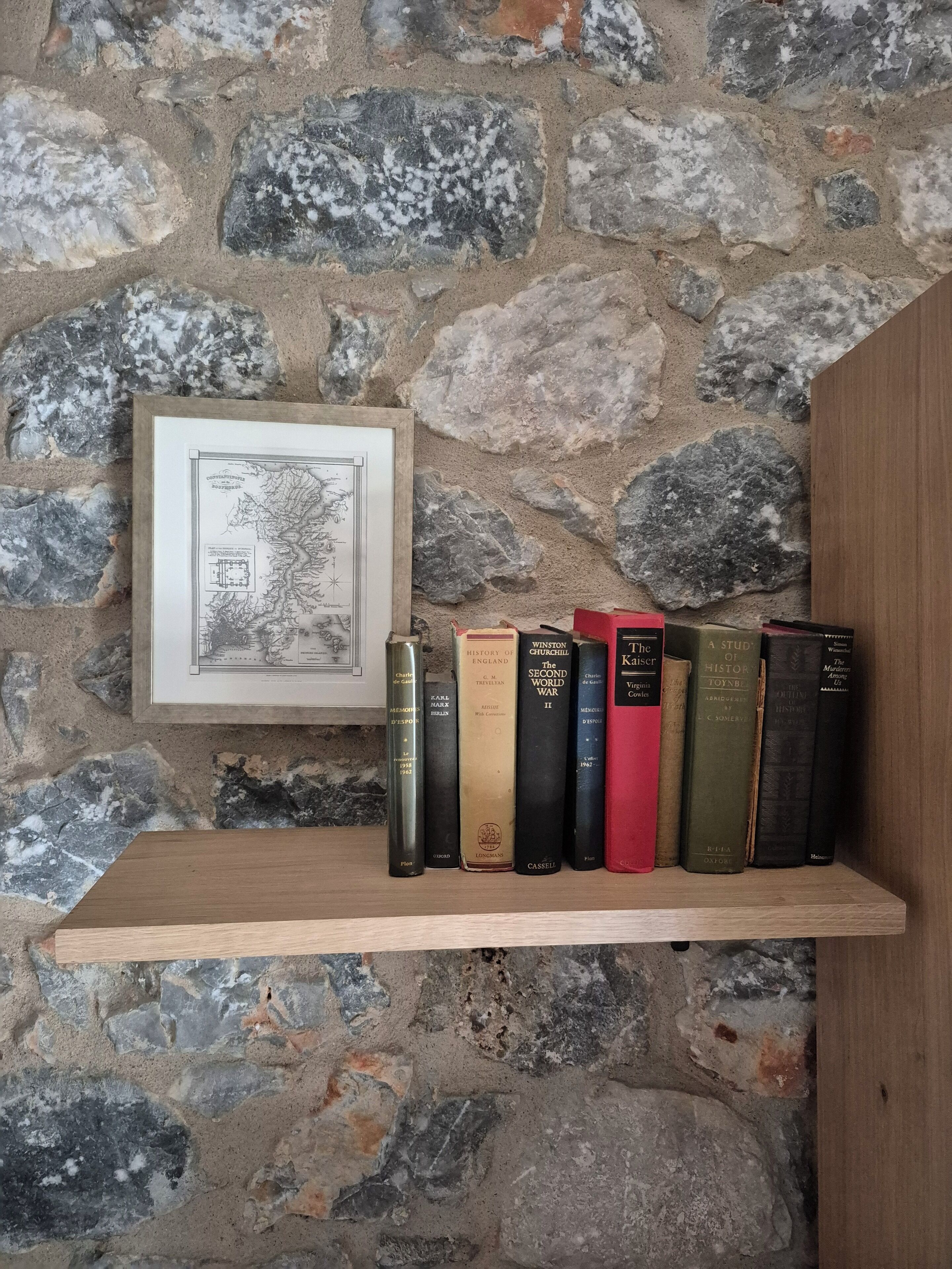 A bookshelf against a stone wall with a framed map and several books.