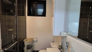 Ett modernt badrum med en dusch som är avskärmad med glasväggar, en toalett och ett stort badkar.