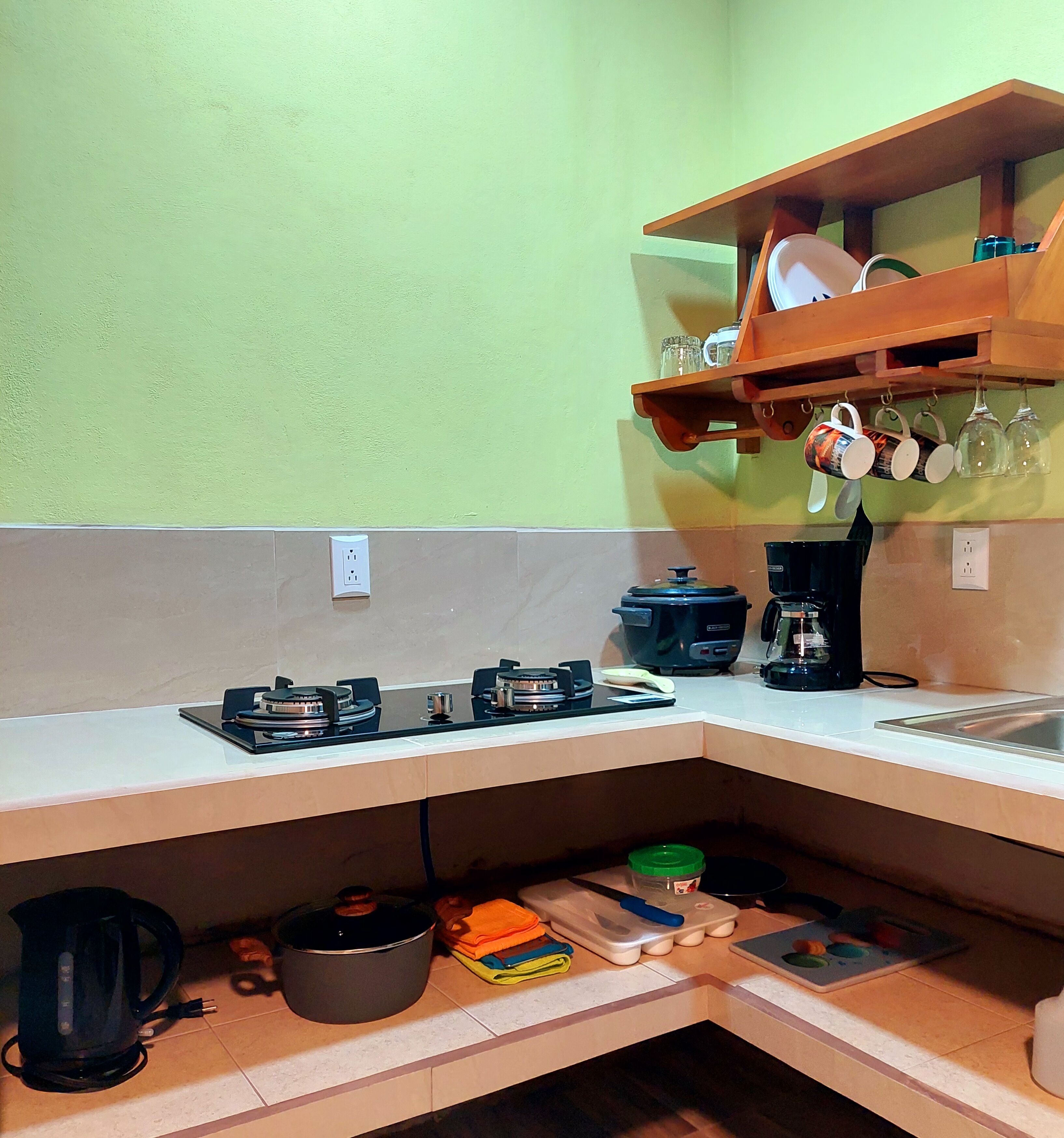 Fridge, microwave, stovetop, electric kettle