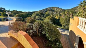 Un giardino curato con vialetto lastricato, una fontana e vista su un pendio con edifici.