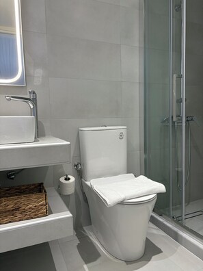 Douche, sèche-cheveux, serviettes fournies, savon