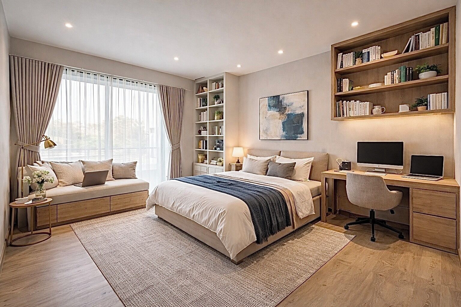 Een bureau, verduisterende gordijnen, een strijkplank/strijkijzer