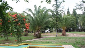 A grassy area with a wooden structure, palm trees, and a cow in the background. - Charming Villa in Maida With Pool & Garden (San Pietro a Maida)