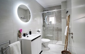 Shower, hair dryer, towels, soap