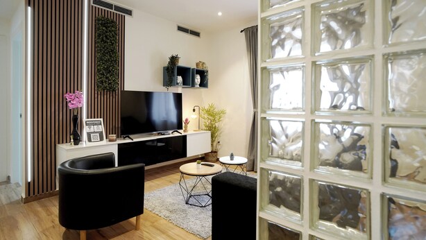 Un salon moderne avec un canapé noir, une table basse ronde, un téléviseur à écran plat et une plante décorative.