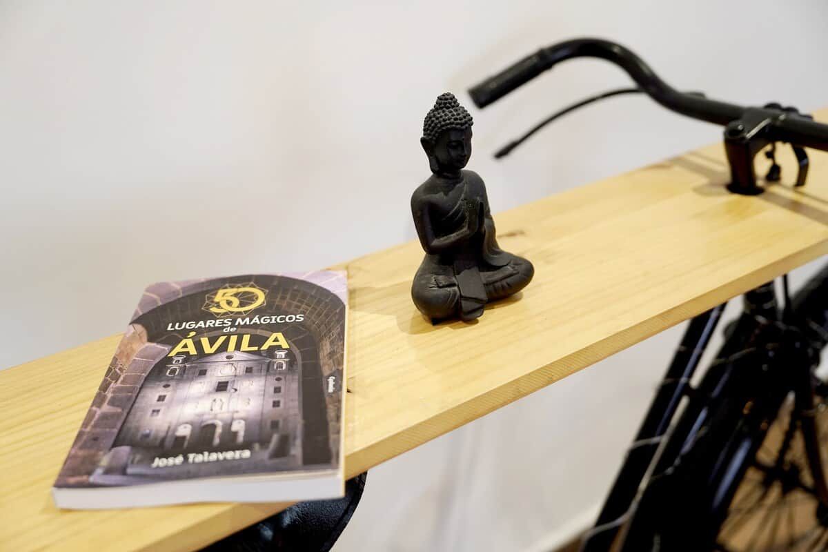 Un libro titulado 'LUGARES MÁGICOS de ÁVILA' de José Talavera sobre una estantería de madera.