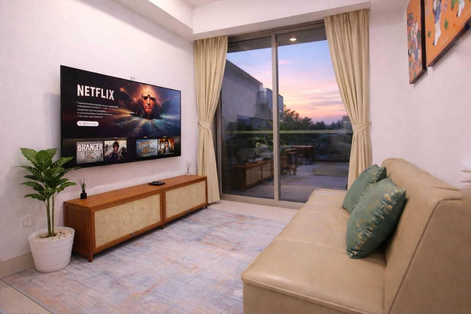 Leilighet, 2 soverom, byutsikt | Oppholdsområde | En 43-tommers smart-TV med kabel-kanaler