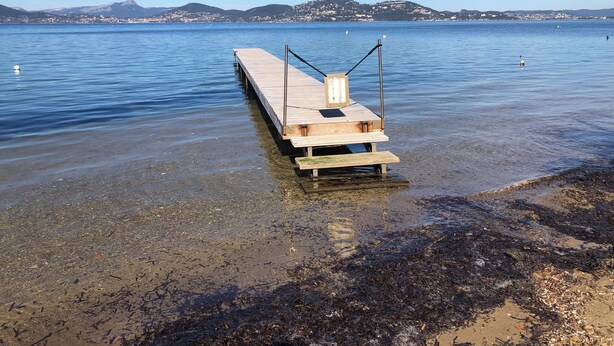 Una banchina di legno che si protende in acque calme sotto un cielo sereno e colline lontane.