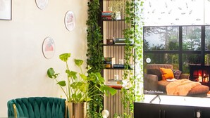 Uma sala de estar aconchegante com um sofá verde, uma lareira e uma estante com plantas.