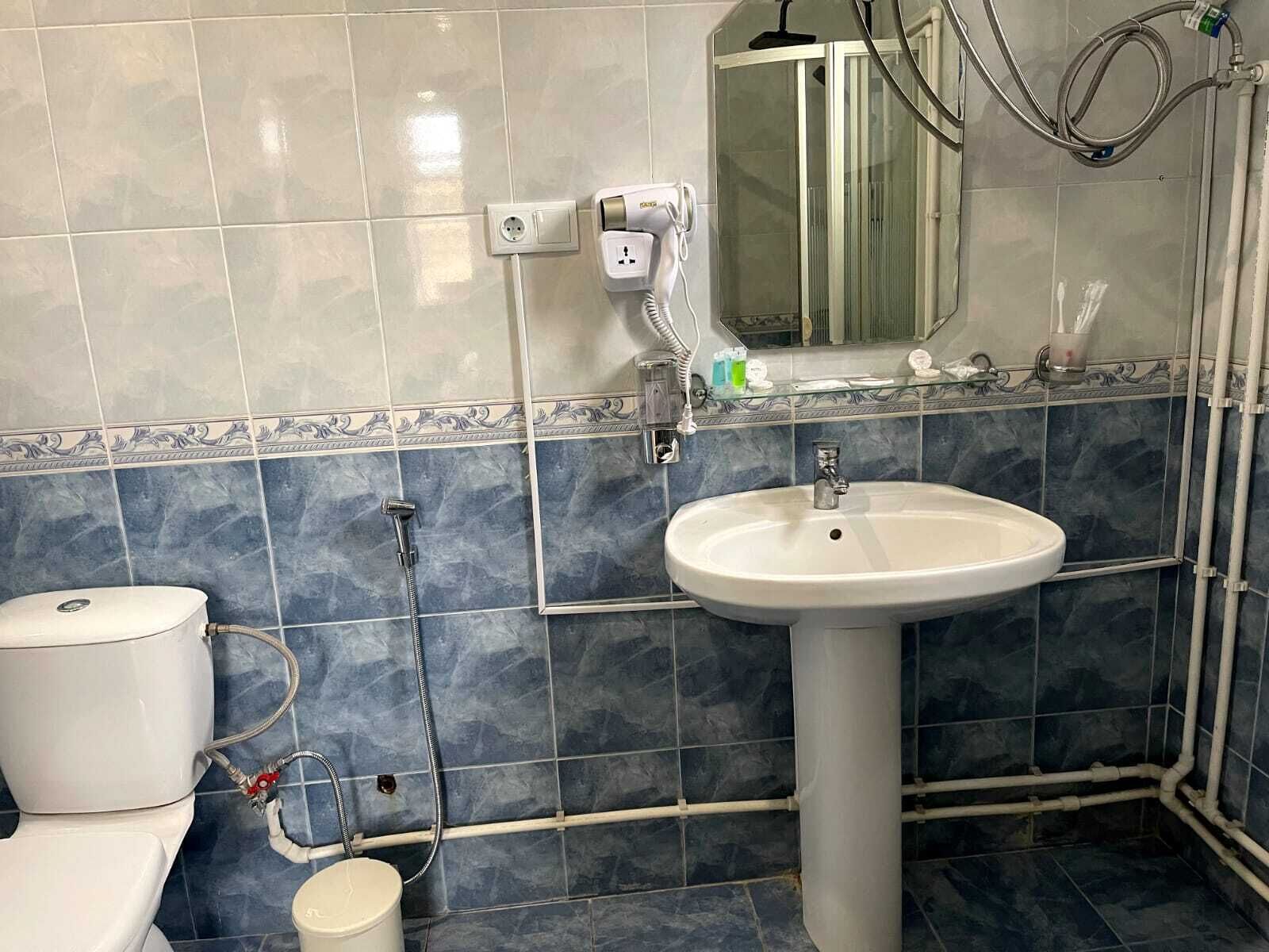 Un baño con inodoro, lavamanos y ducha.