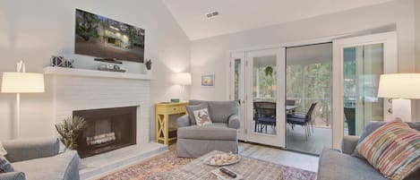 Télévision, cheminée, espaces bureaux