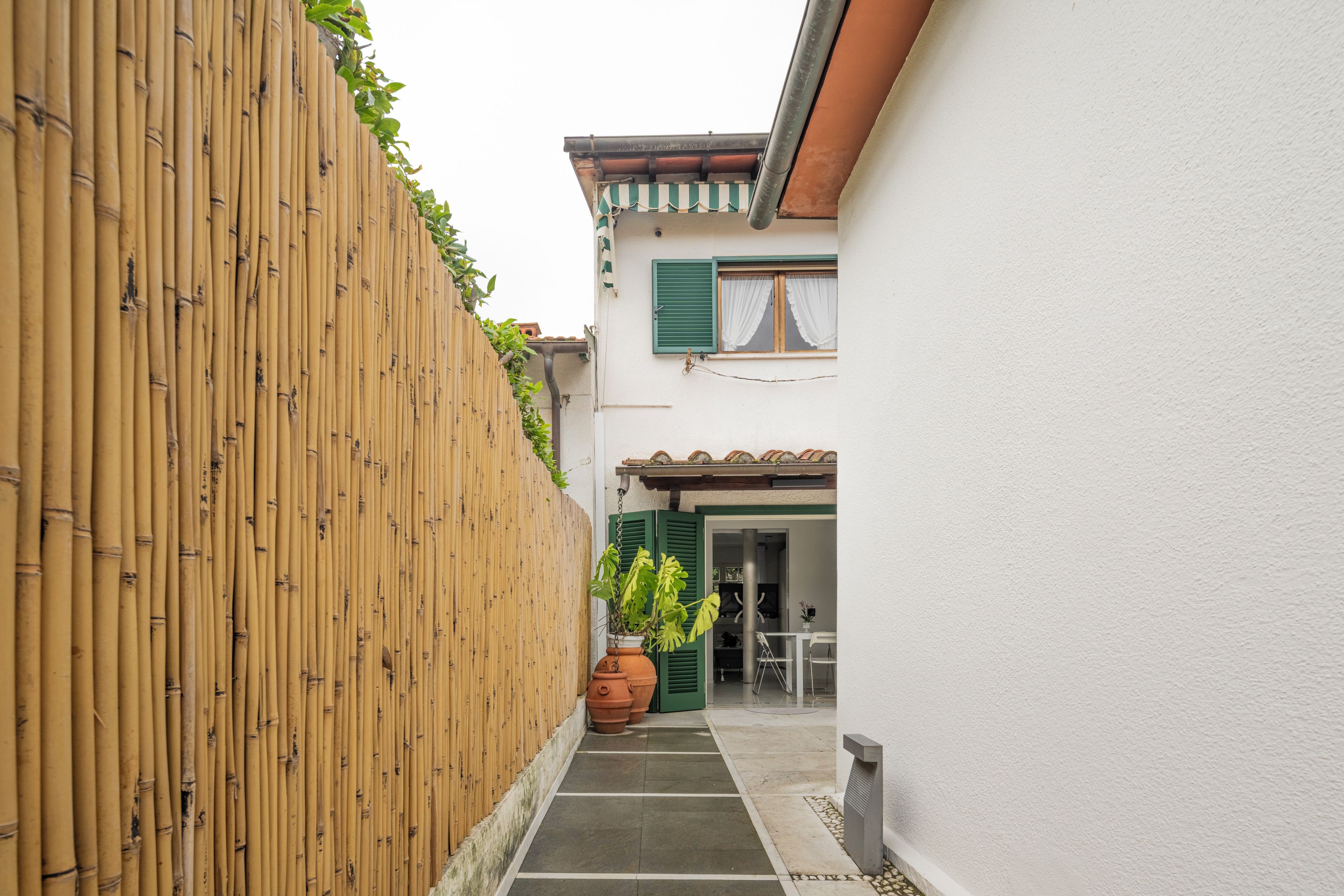 A narrow alleyway with a bamboo fence, a potted plant, and a building with green shutters and a tiled roof.