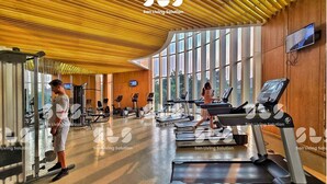 Ein Fitnessstudio mit Laufbändern, Kraftgeräten und großen Fenstern für natürliches Licht.