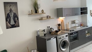 Une cuisine moderne équipée d’un lave-linge intégré, d’un évier et d’un coin repas avec un canapé vert.