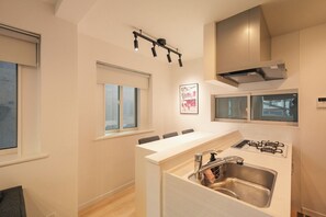 Kühlschrank, Mikrowelle, Herdplatte, Kochgeschirr/Geschirr/Besteck