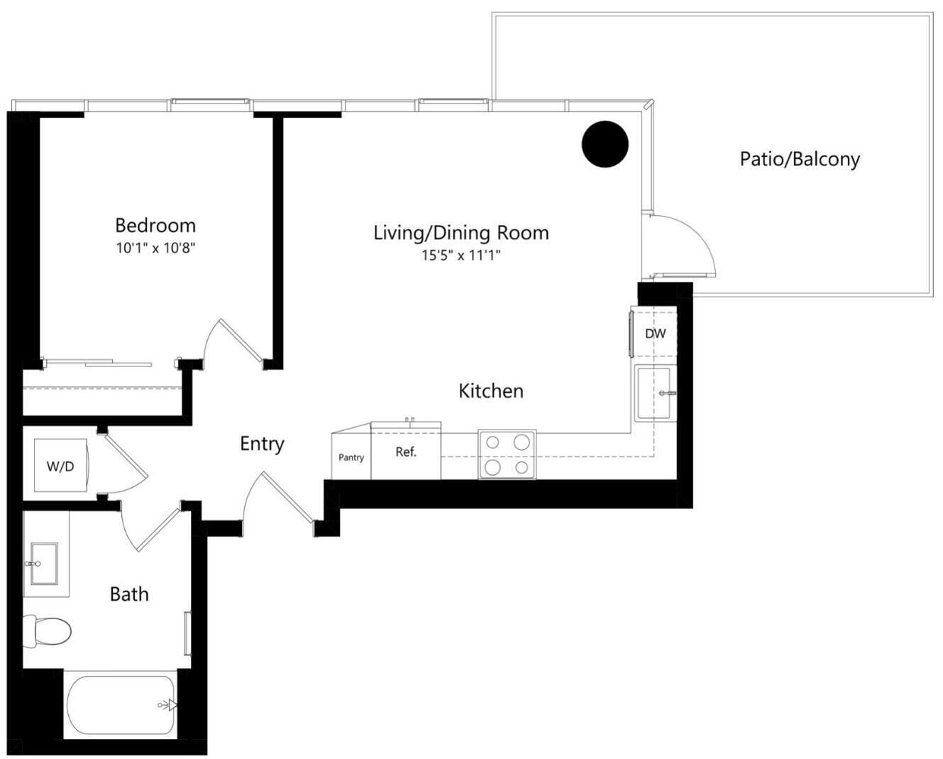 A floor plan with a bedroom, living/dining room, kitchen, bathroom, entry, pantry, and a patio/balcony.