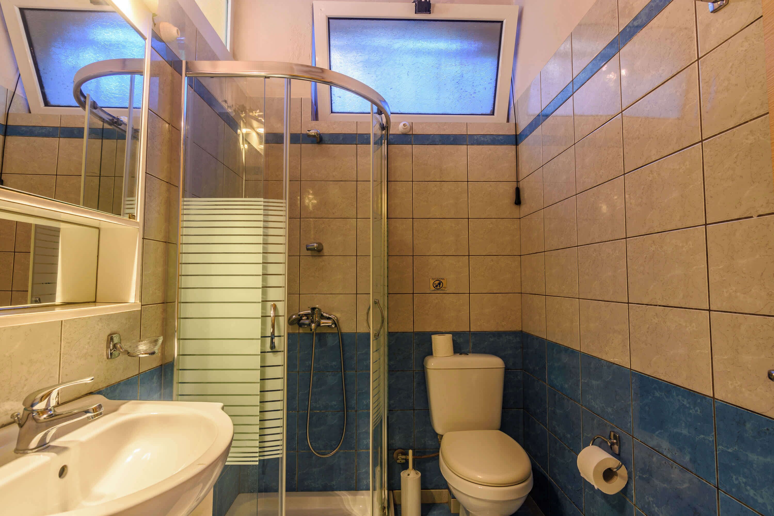 A bathroom with a glass-enclosed shower, a sink, a toilet, and a skylight above.
