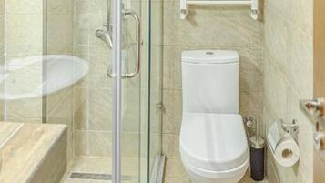 Regadera, secadora de cabello, toallas, papel de baño