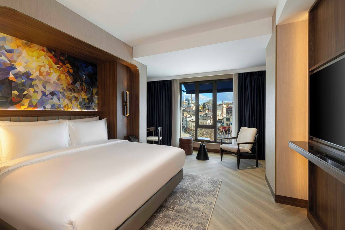 Habitación de hotel con una cama grande, un televisor de pantalla plana, un cuadro en la pared y vistas a la ciudad por la ventana.